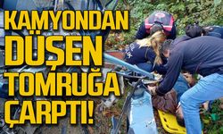 Kamyondan düşen tomruğa çarptı!
