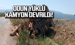 Odun yüklü kamyon devrildi!