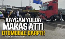 Karabük'te yağmur sonrası kayganlaşan yolda makas atan tır otomobile çarptı!