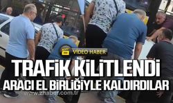 Karabük'te hatalı parktan trafik kilitlendi! Vatandaşlar el birliğiyle aracı kaldırdı!