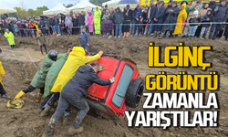 Çamur deryasında ilginç görüntüler: Aracı kurtarmak için zamanla yarıştılar!