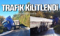 Alaplı'da tır yoldan çıktı. Trafik kilitlendi.
