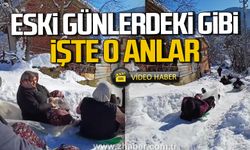 Bartın'da köylüler naylon poşetlerle kayarak eğlendi.