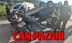 Can Pazarı: Motosikletin çarptığı otomobil devirildi çok sayıda yaralı var