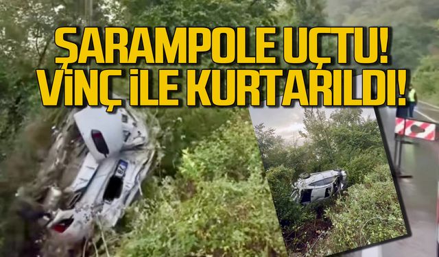 Şarampole uçtu! Vinç ile kurtarıldı!