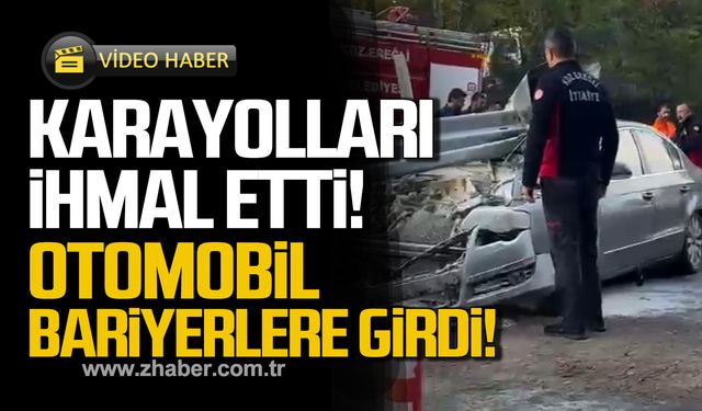 Karayolları ihmal etti! Otomobil bariyerlere girdi!