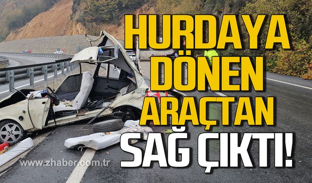 Kazada hurdaya dönen otomobil sürücüsü yaralı olarak kurtuldu