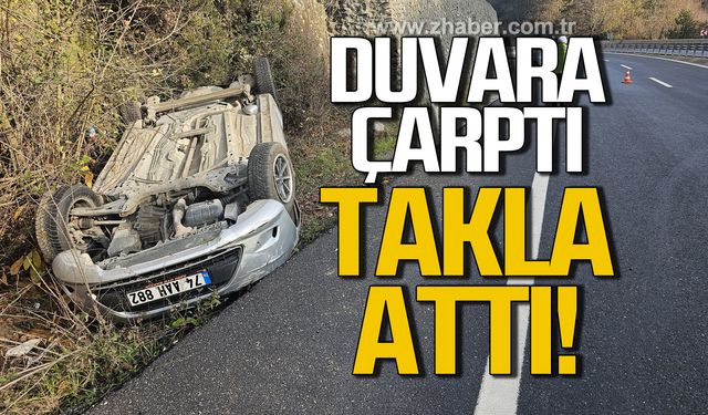 Zonguldak-Ereğli karayolunda duvara çarpan araç takla attı