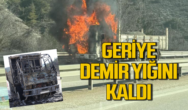 Kamyon alevlere teslim oldu! Geriye demir yığını kaldı