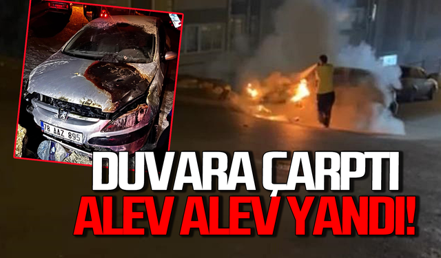 Duvara çarpan araç alev alev yandı: Sürücü ölümden döndü!