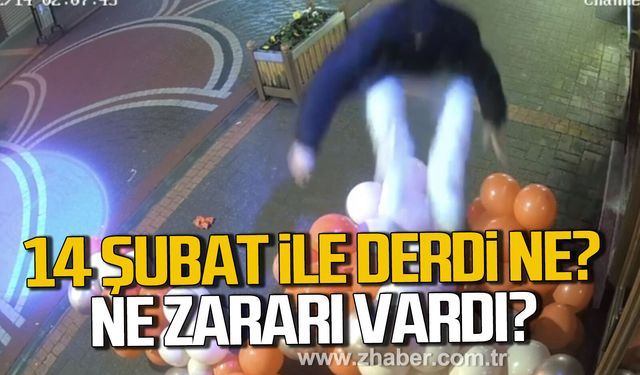 Bartın'da bir şahıs Sevgililer Günü süslemesi için asılan balonlara zarar verdi.