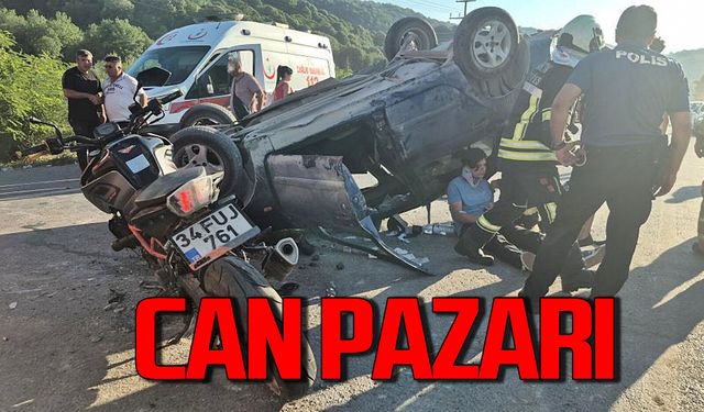 Can Pazarı: Motosikletin çarptığı otomobil devirildi çok sayıda yaralı var