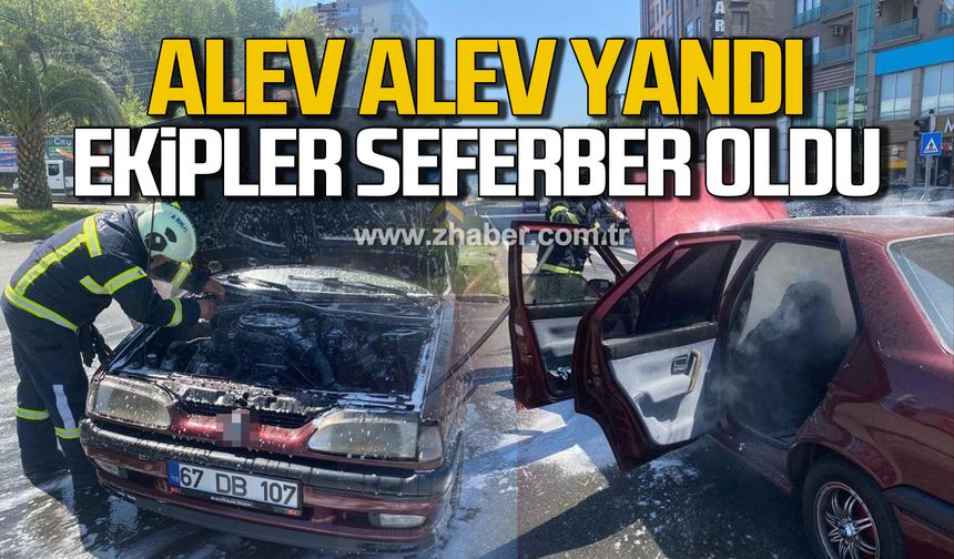 Kozlu'da otomobil alev alev yandı! Ekipler seferber oldu!