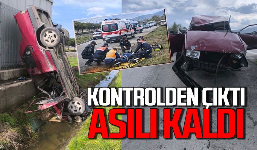 Çaycuma'da kontrolden çıkan araç duvarda asılı kaldı!