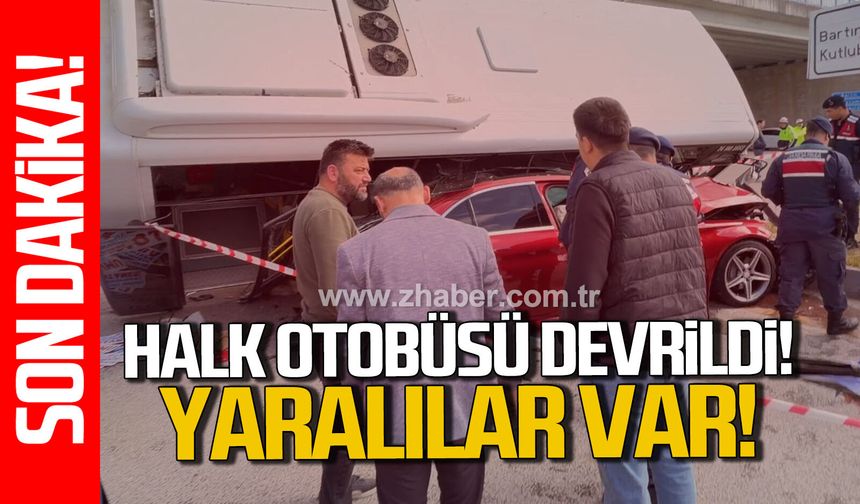 Bartın’da halk otobüsü otomobilin üzerine devrildi; yaralılar var