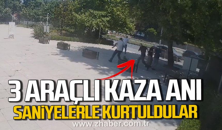 Zonguldak'ta 3 araçlı kaza anı. Saniyelerle kurtuldular.