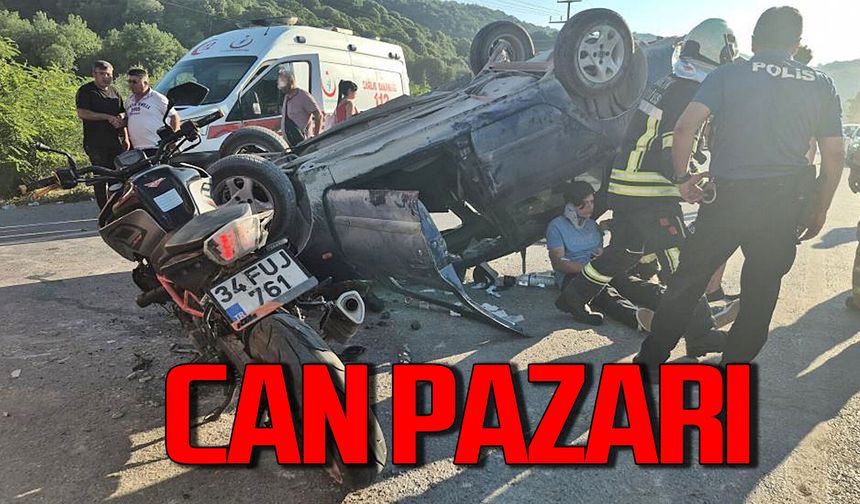Can Pazarı: Motosikletin çarptığı otomobil devirildi çok sayıda yaralı var