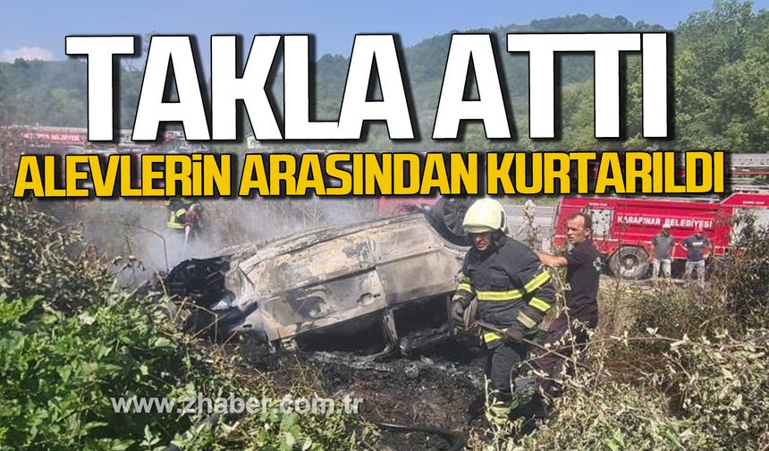 Çaycuma'da otomobil durağa çarpıp takla attı. Sürücü alevlerin arasından kurtarıldı.