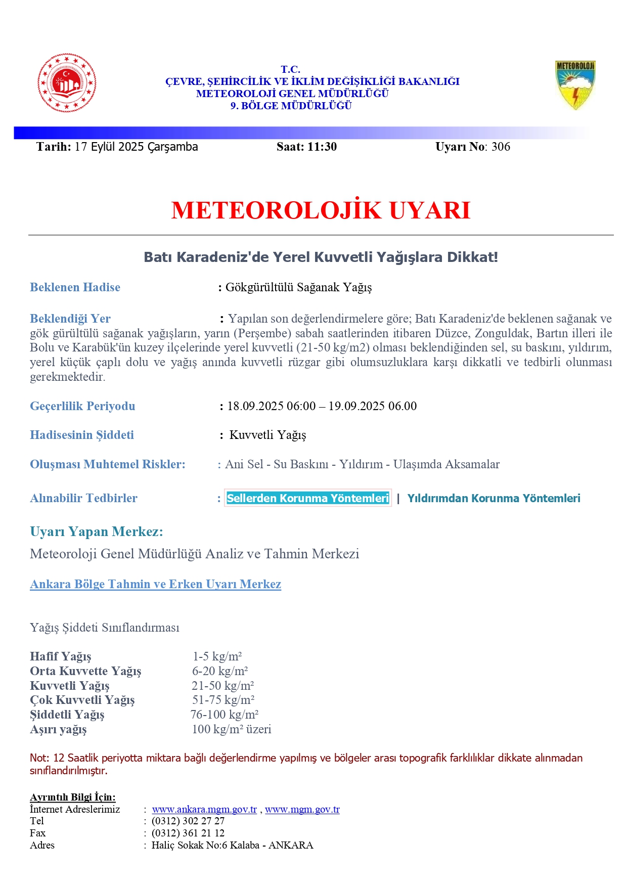 17.09.2025 Tarih Ve 306 No'lu Meteorolojik Uyarı ( Batı Karadeniz'de Kuvvetli Yağış) Page 0001
