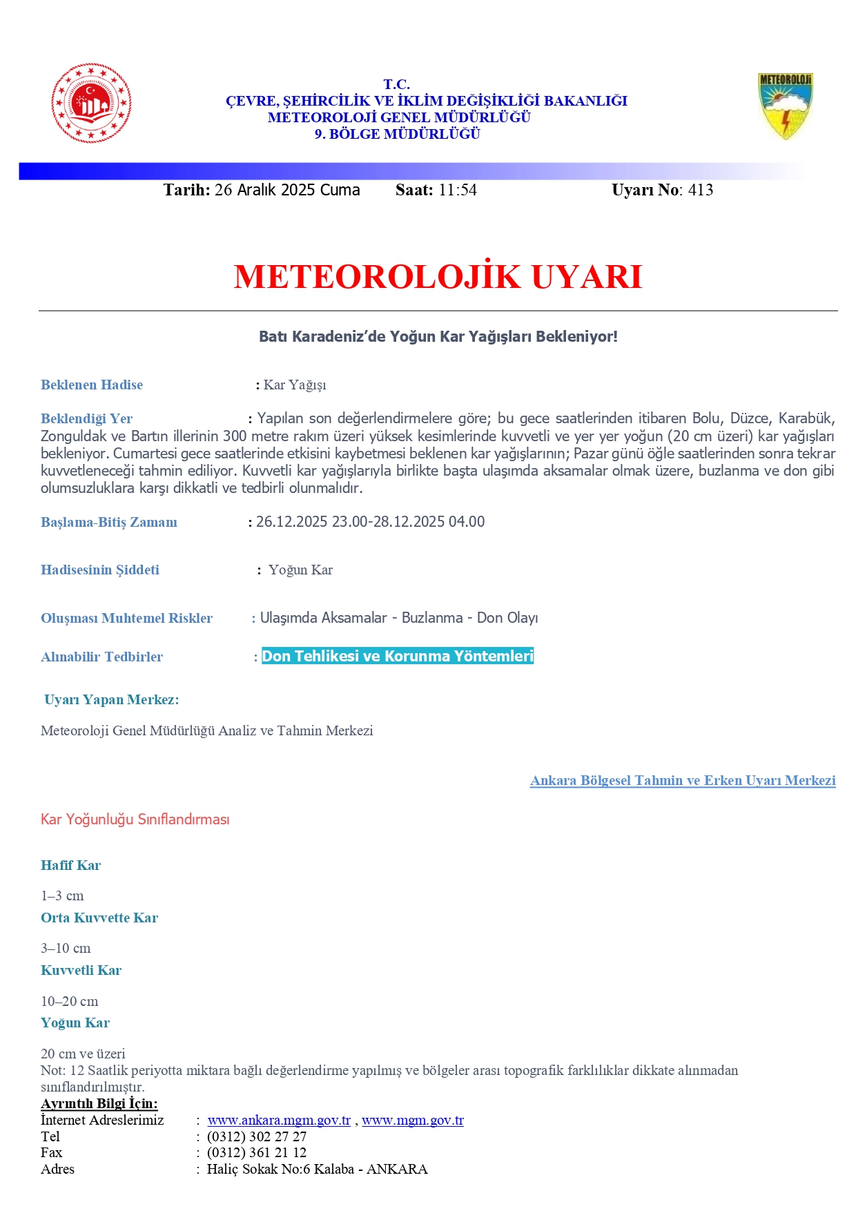 26.12.2025 Tarih Ve 413 No'lu Meteorolojik Uyarı (Düzce,Bolu,Karabük,Zonguldak,Bartın) Page 0001