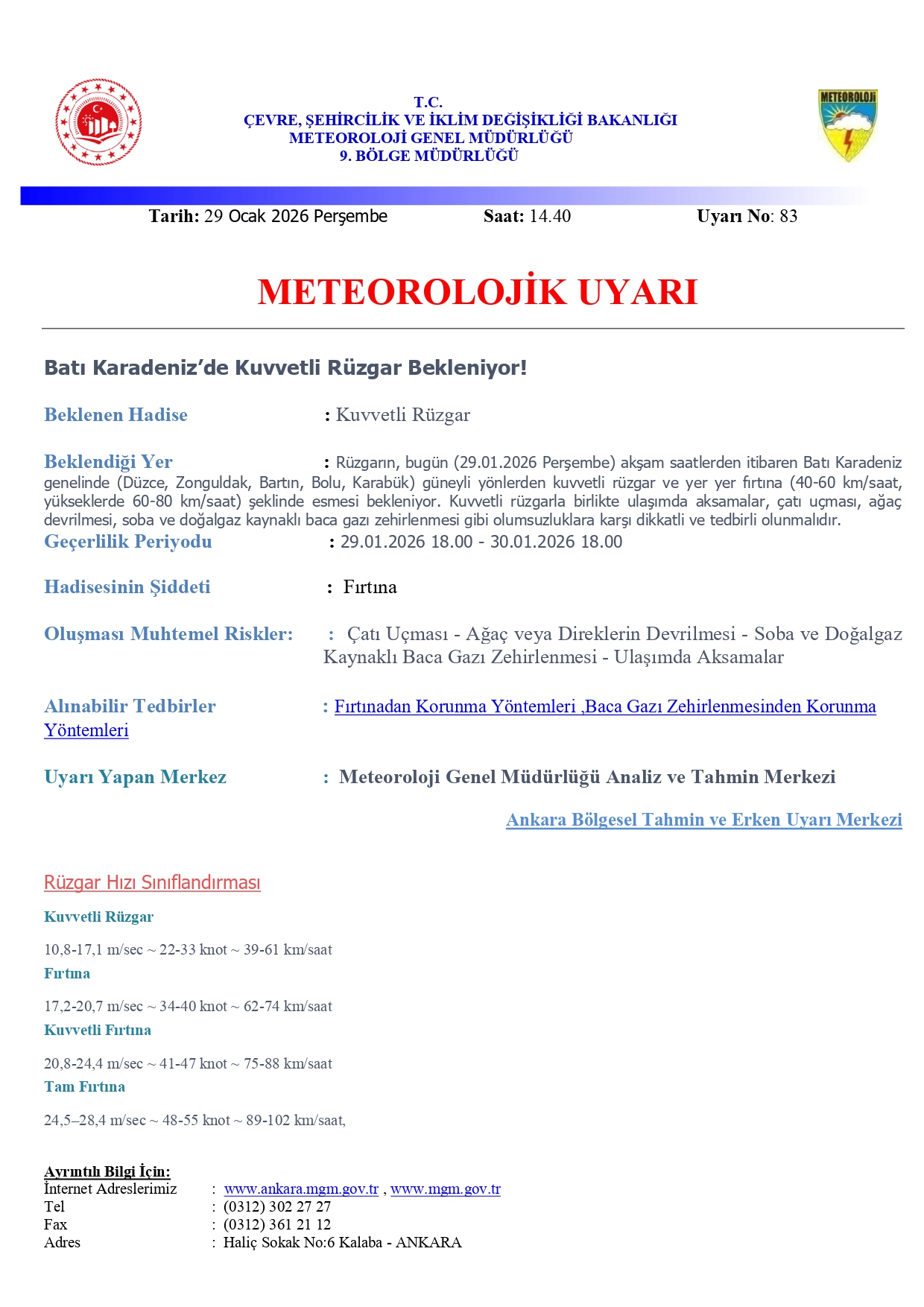 29.01.2026 Tarih Ve 83 Nolu Batı Karadeniz Kuvvetli Rüzgar Ve Fırtına Uyarısı! (Bağlı İller) (1) Page 0001