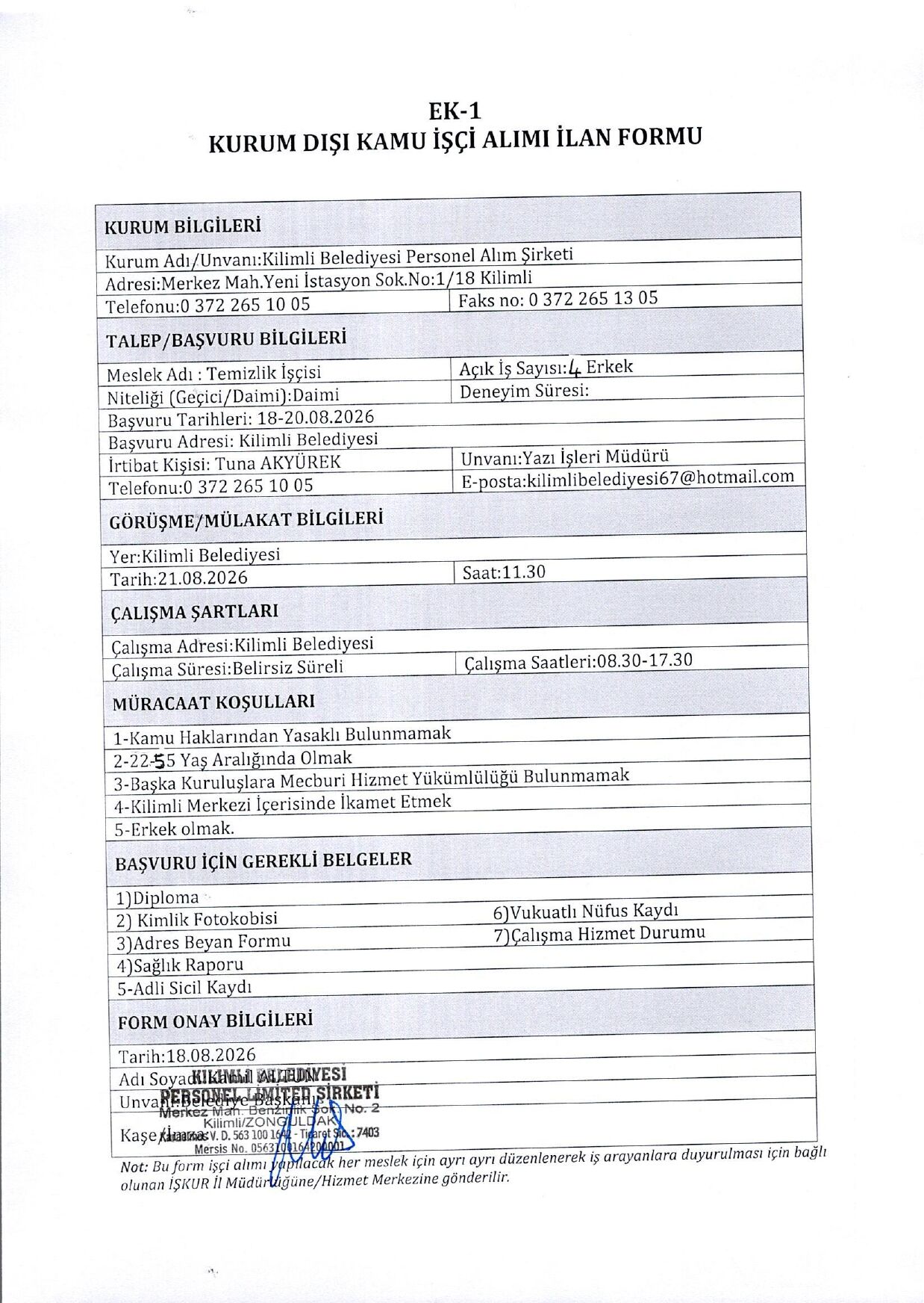 Kilimli Belediye Şirketi Ağustos 2026 Page 0001