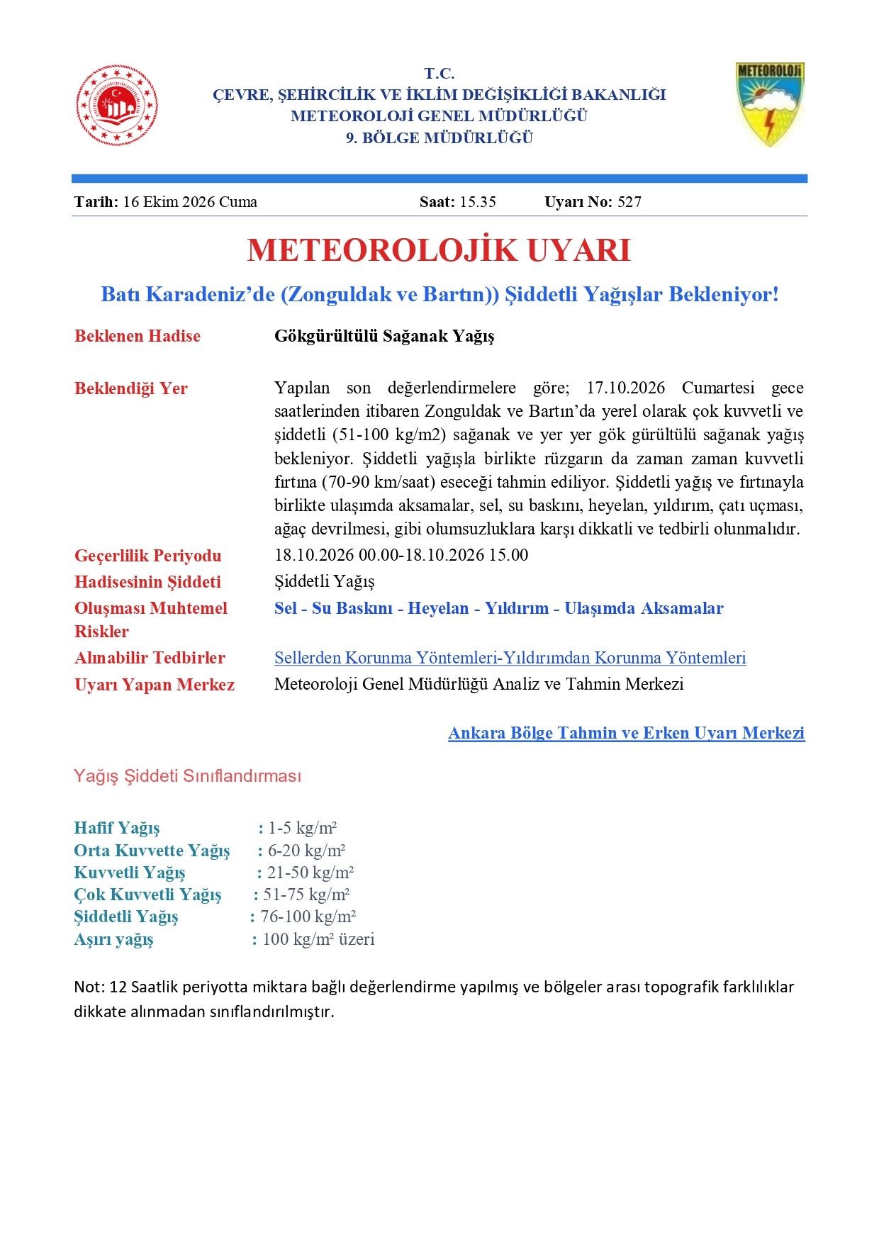 16.10.2026 Tarihli Ve 527 No Lu Bartın Ve Zonguldak Kuvvetli Meteorolojik Uyarı(Zonuldak, Bartın) Page 0001