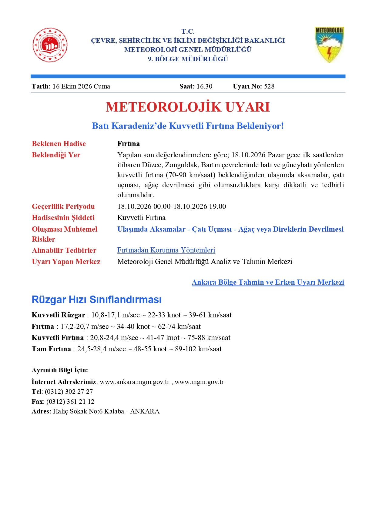 16.10.2026 Tarihli Ve 528 No Lu Kuvvetli Rüzgar Meteorolojik Uyarı(Zonuldak, Bartın, Düzce) Page 0001